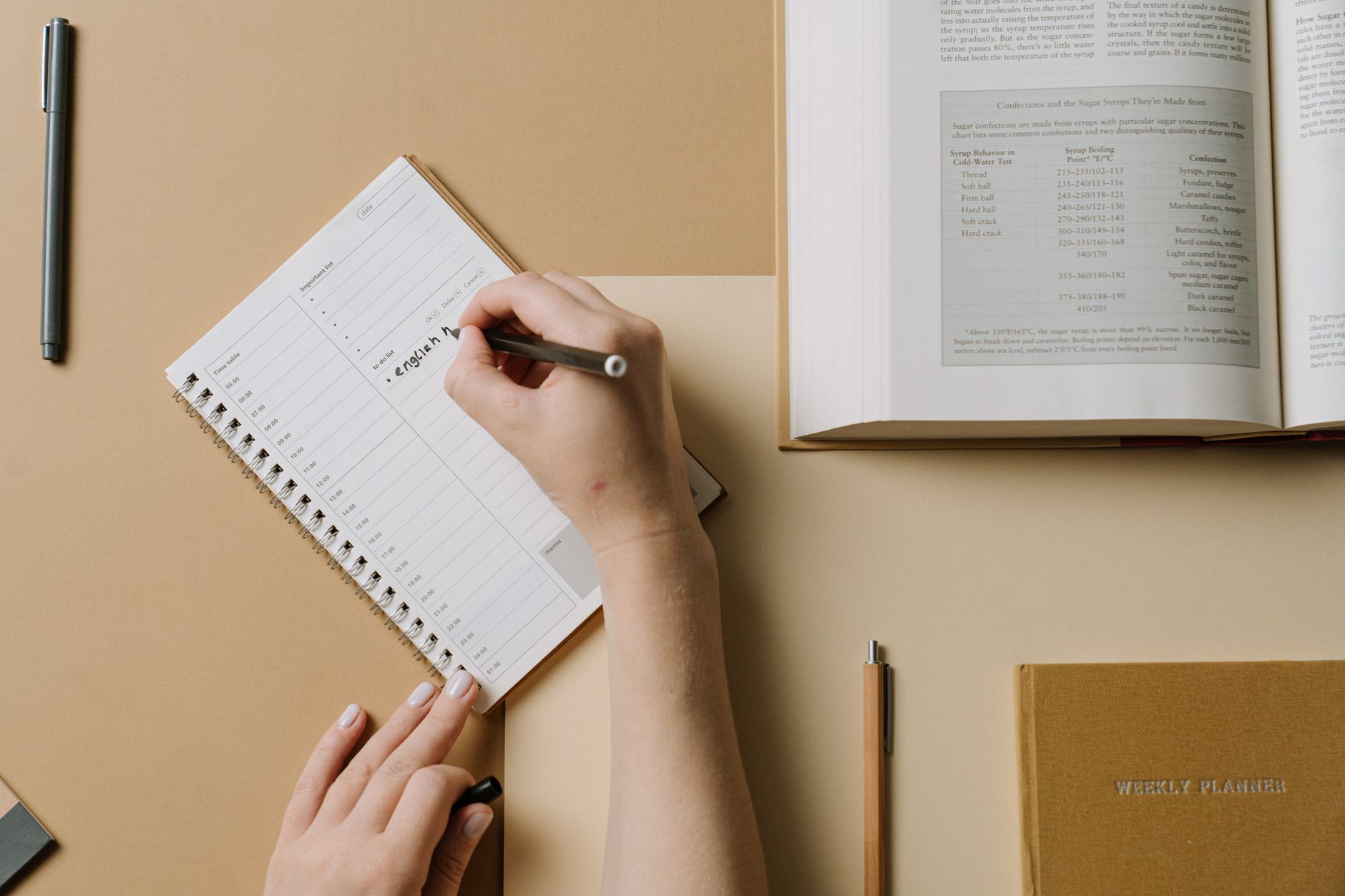 A weekly planner open on a table with time blocks written in